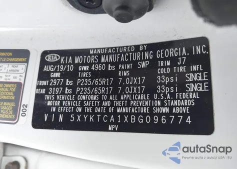 2011 Kia Sorento Lx из США, поврежденный, VIN 5XYKTCA1XBG096774